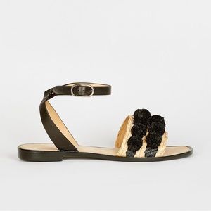 Joie Paciencia Pom Pom Flat Sandals Black/Raffia